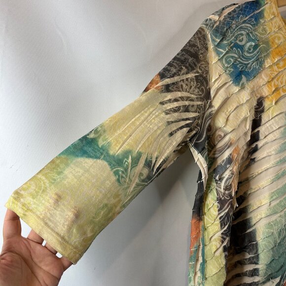 Jess & Jane Womens Multicolor Blouse Top Abstract Ruffle Overlay 3/4 Sleeves PL - Picture 3 of 10